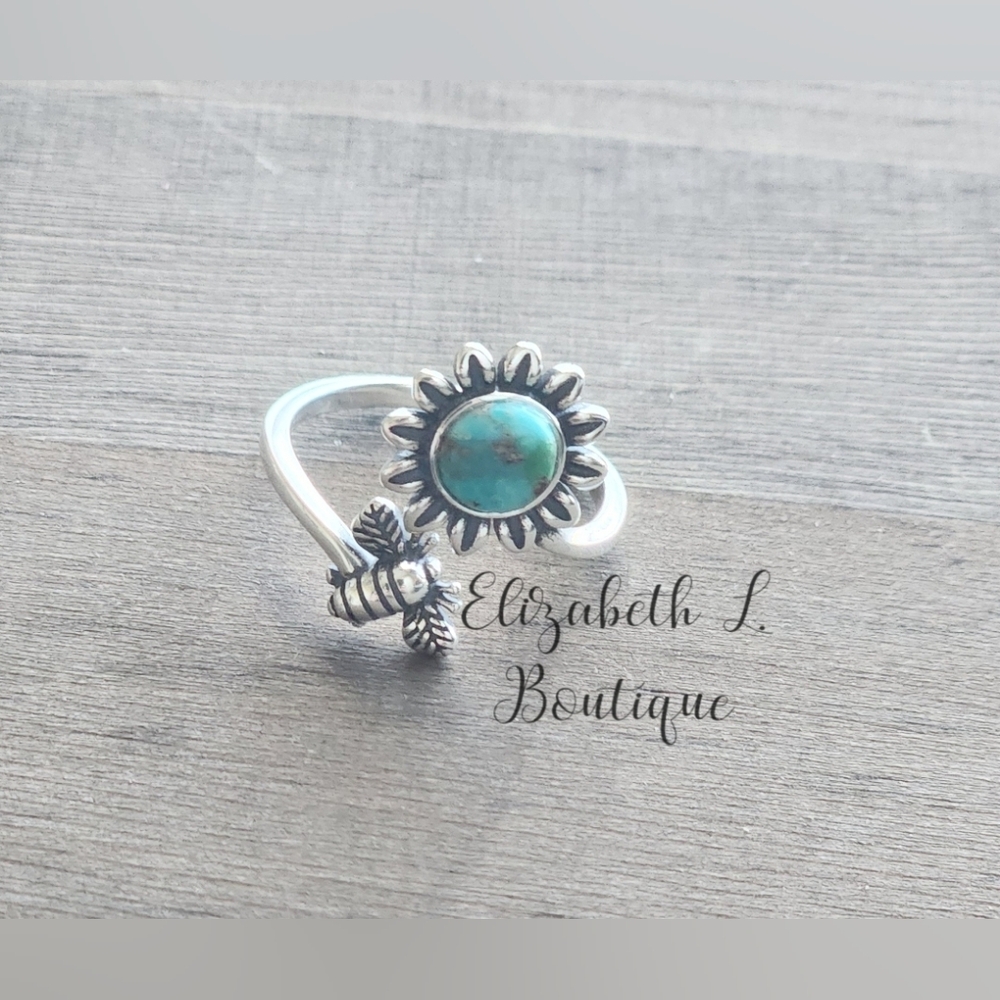 925 Sterling Silver Sunflower and Bee Genuine Turquoise Ring Boutique BNWT